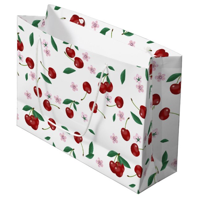Botanical Red Cherries Greenery & Blossoms  Large Gift Bag (Front Angled)