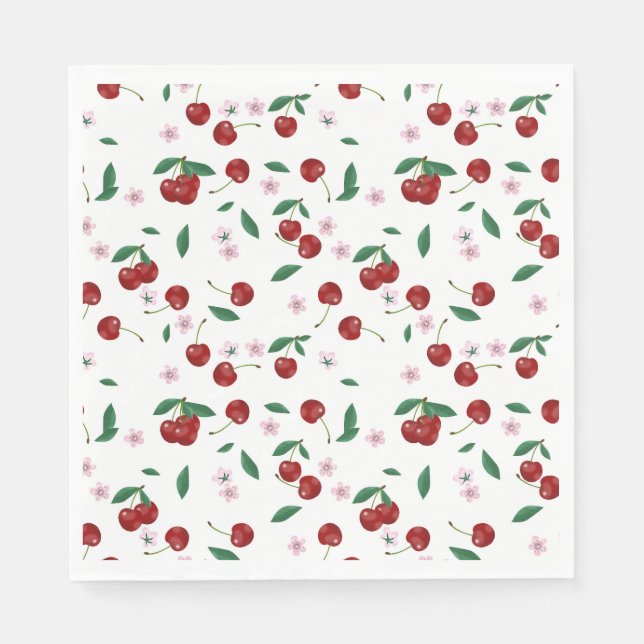 Botanical Red Cherries Greenery & Blossoms  Napkins (Front)