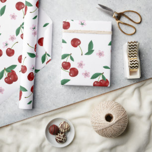 Botanical Red Cherries Greenery & Blossoms Wrapping Paper