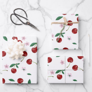 Botanical Red Cherries Greenery & Blossoms Wrapping Paper Sheets
