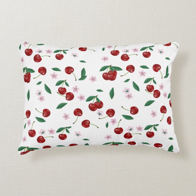 Botanical Red Cherries Greenery & Cherry Blossoms  Accent Pillow (Front)