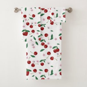 Botanical Red Cherries Greenery & Cherry Blossoms Bath Towel Set