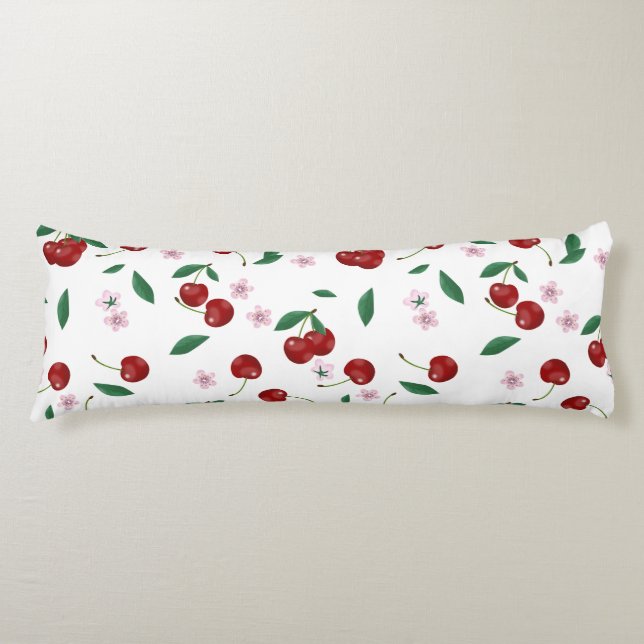 Botanical Red Cherries Greenery & Cherry Blossoms  Body Pillow (Front)