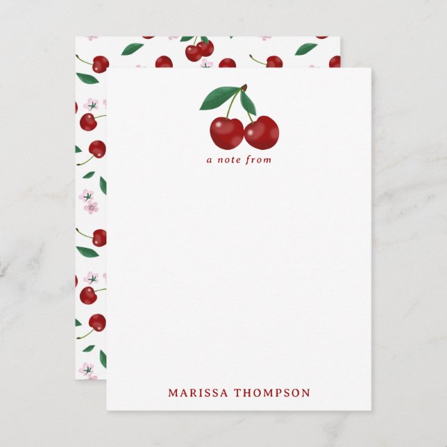 Botanical Red Cherries Greenery & Cherry Blossoms  Note Card (Front/Back)