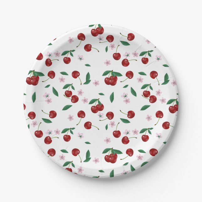Botanical Red Cherries Greenery & Cherry Blossoms  Paper Plates (Front)