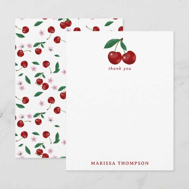 Botanical Red Cherries Greenery & Cherry Blossoms  Thank You Card (Front/Back)