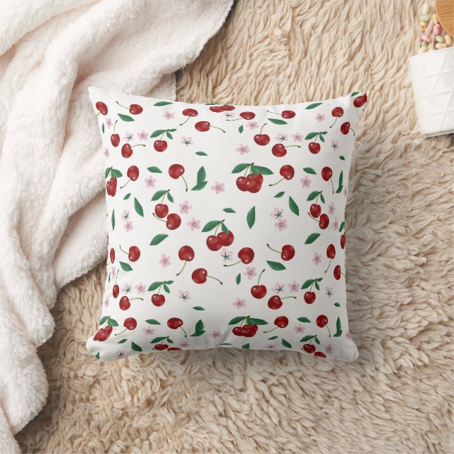 Botanical Red Cherries Greenery & Cherry Blossoms  Throw Pillow (Blanket)