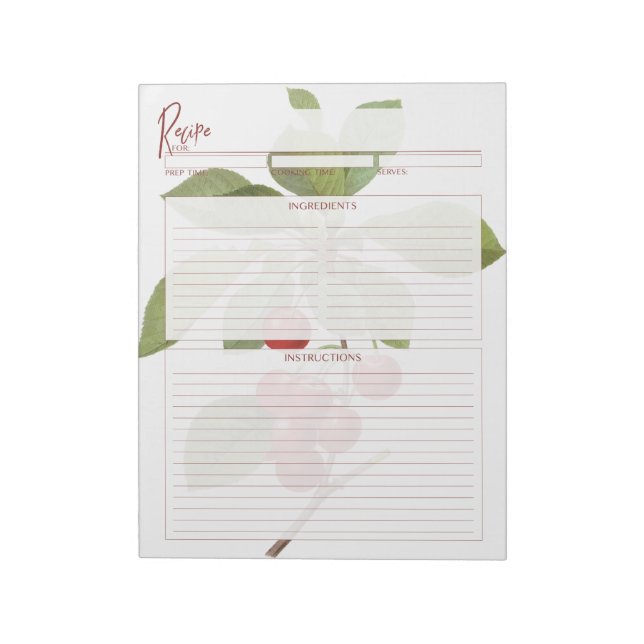 Botanical Red Cherry Recipe Pages Notepad (Rotated)