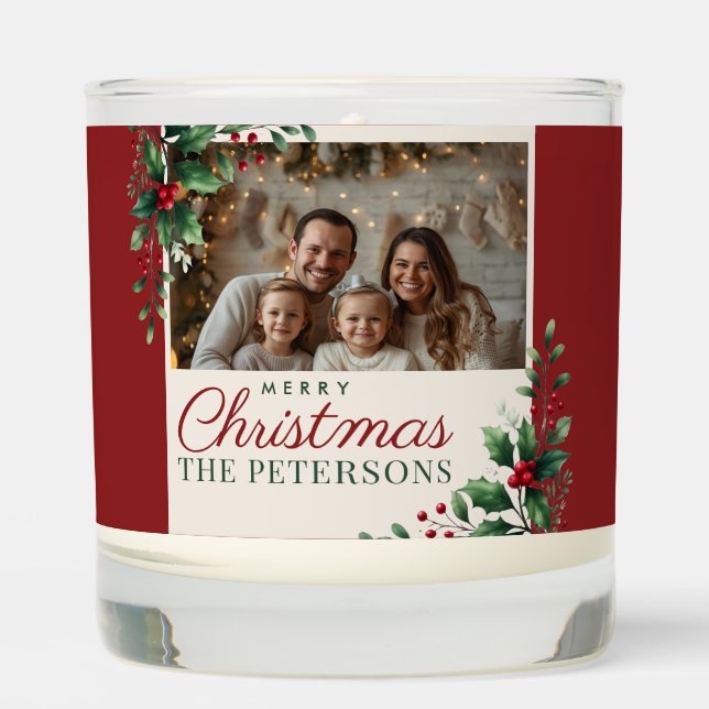 Botanical Red Custom Photo Christmas Candle (Front)