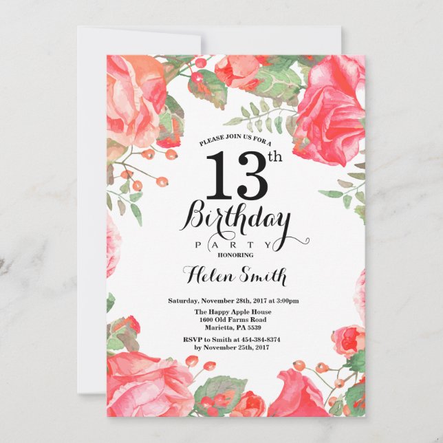 Botanical Red Floral 13th Birthday Invitation (Front)