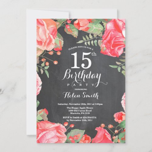 Botanical Red Floral 15th Birthday Invitation