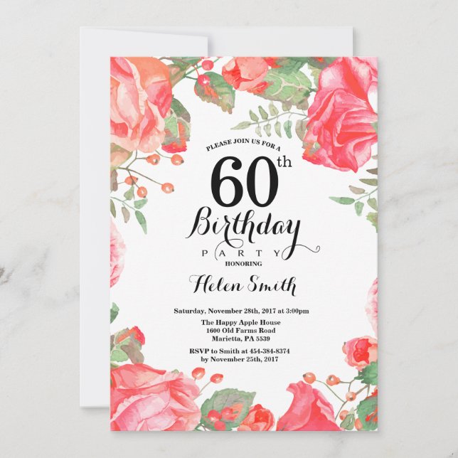 Botanical Red Floral 60th Birthday Invitation (Front)