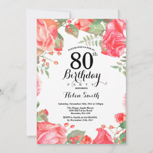 Botanical Red Floral 80th Birthday Invitation