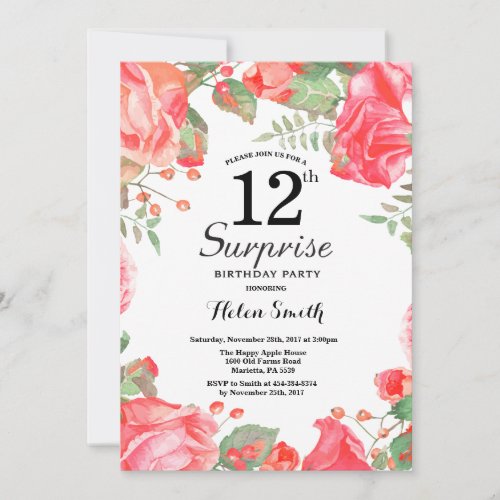 Botanical Red Floral Surprise 12th Birthday Invitation