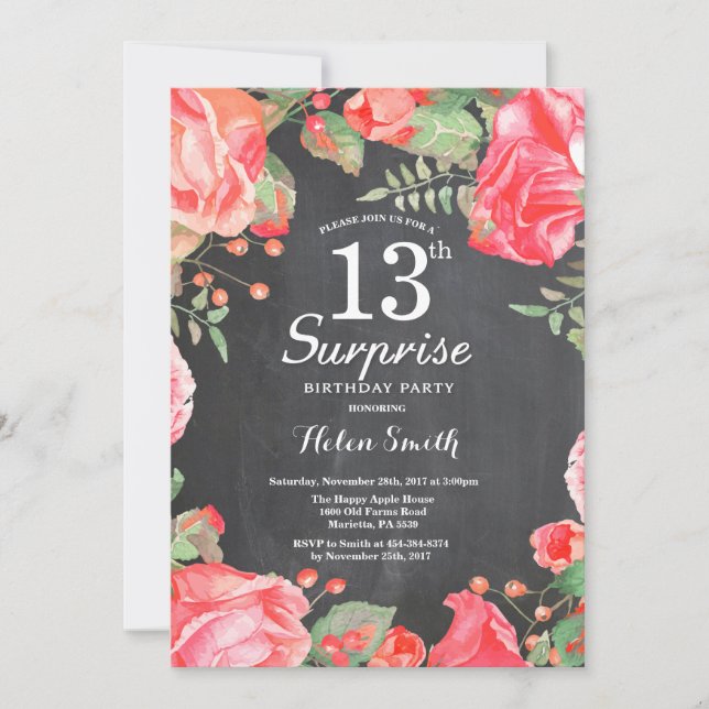 Botanical Red Floral Surprise 13th Birthday Invitation (Front)