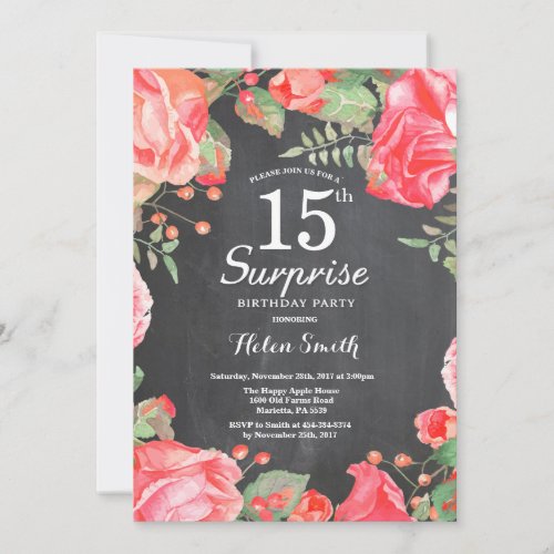 Botanical Red Floral Surprise 15th Birthday Invitation