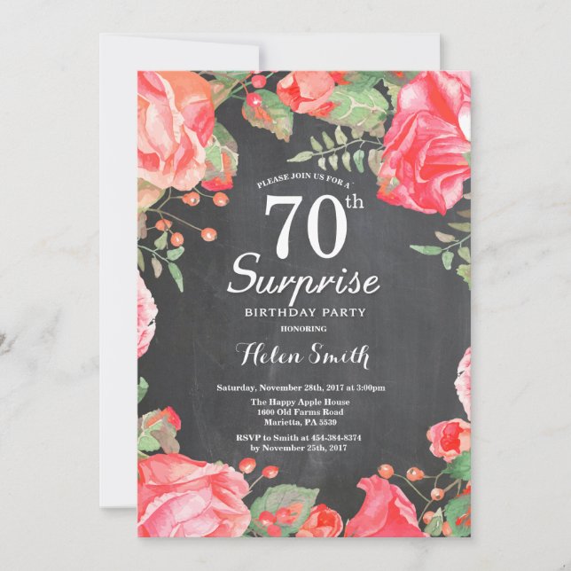 Botanical Red Floral Surprise 70th Birthday Invitation (Front)