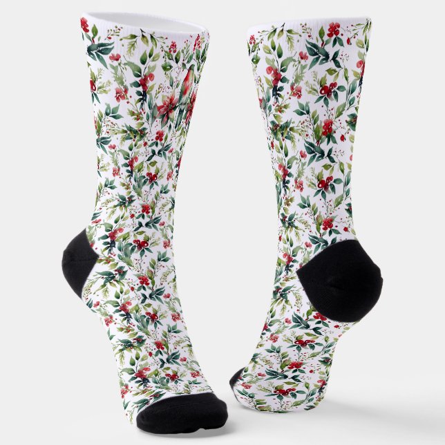 Botanical Red Green Watercolor Christmas Bird  Socks (Angled)