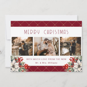 Botanical Red Merry Christmas Newlywed 3 Photo Holiday Card