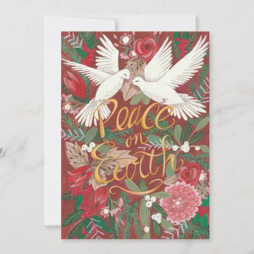 Botanical Red Peace on Earth  Dove Birds Floral Holiday Card