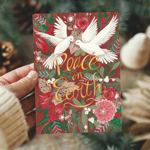 Botanical Red Peace on Earth  Dove Birds Floral Holiday Card