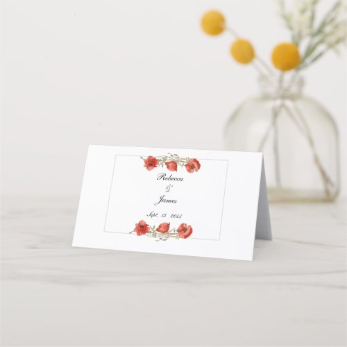 Botanical Red Poppy Folded Wedding Place Cards