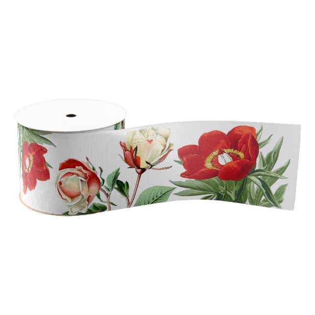 Botanical Red Roses Peony Flowers Floral Ribbon (Spool)