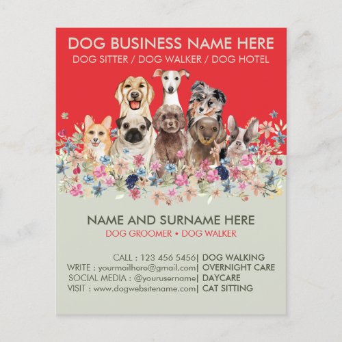 Botanical Red Sage Green Pet Sitter Groomer Dogs Flyer