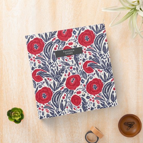 Botanical Red White Blue Poppies Floral Pattern 3 Ring Binder