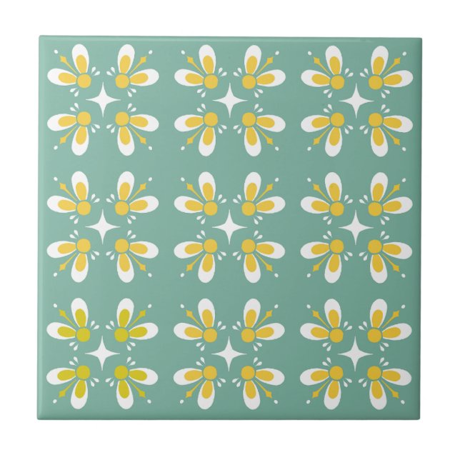 Botanical retro flowers on turkos background  ceramic tile (Front)