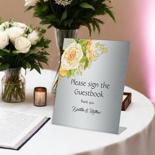 Botanical Romance Yellow Roses Silver Wedding  Pedestal Sign