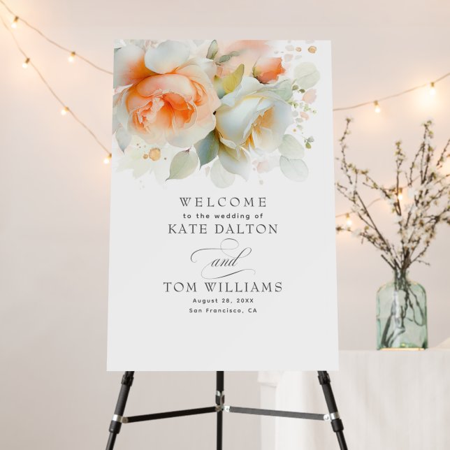 Botanical Rose Flowers Elegant Wedding Welcome Foam Board (In Situ (Stand))