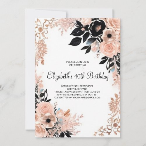 Botanical Rose Gold Digital 40th Birthday Invitation