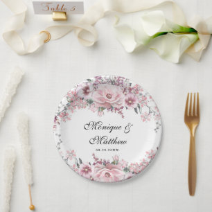 Botanical Rose Gold Florals and Eucalyptus Wedding Paper Plates