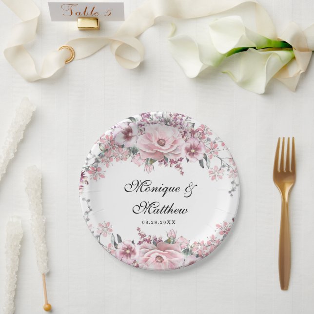 Botanical Rose Gold Florals and Eucalyptus Wedding Paper Plates (Wedding)