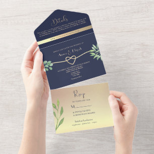 Botanical Rose Gold Navy Photo Wedding All In One Invitation