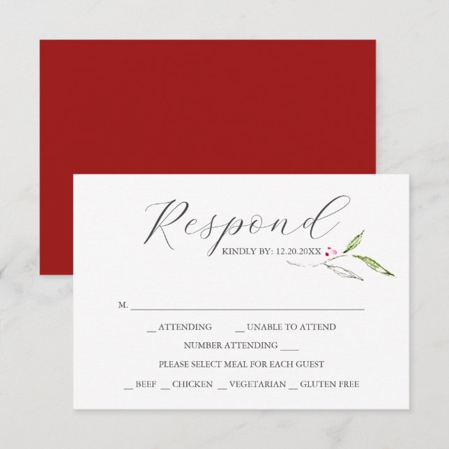 Botanical RSVP Cards with Meal Choice Red (Front/Back)