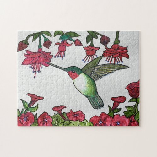 Botanical Ruby_throated Hummingbird Watercolor Jigsaw Puzzle