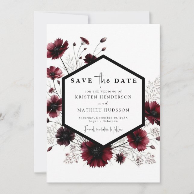 Botanical Rustic Burgundy Wedding Save The Date (Front)