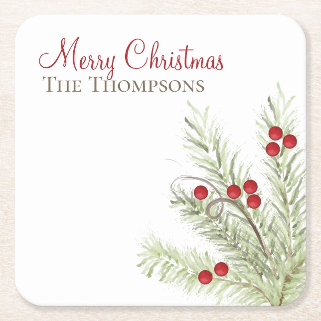 Botanical Rustic Stylish Watercolor Holiday Custom Square Paper Coaster (Front)