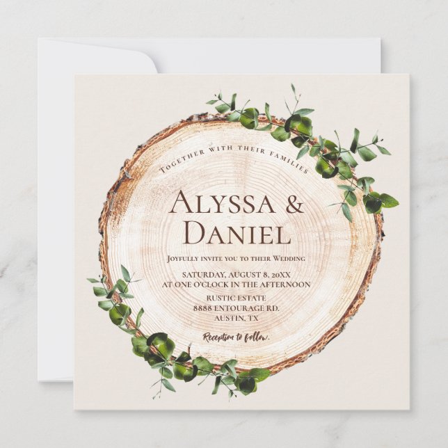 Botanical Rustic wedding Wood Cut Slice Tree Bark Invitation (Front)