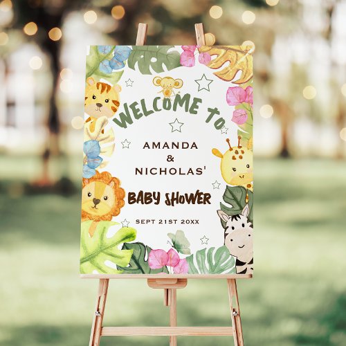 Botanical Safari Animals Cute Baby Shower Welcome Poster