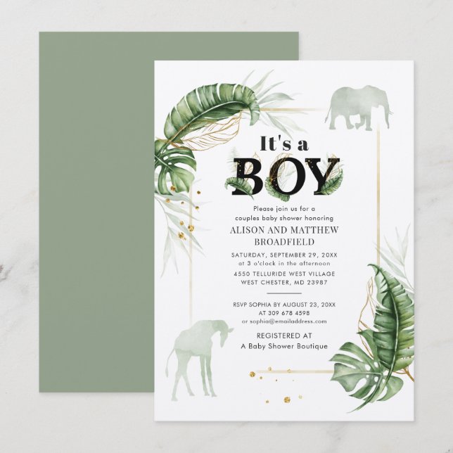 Botanical Safari Elephant Giraffe Boy Baby Shower Invitation (Front/Back)