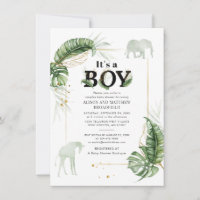 Botanical Safari Elephant Giraffe Boys Baby Shower Invitation