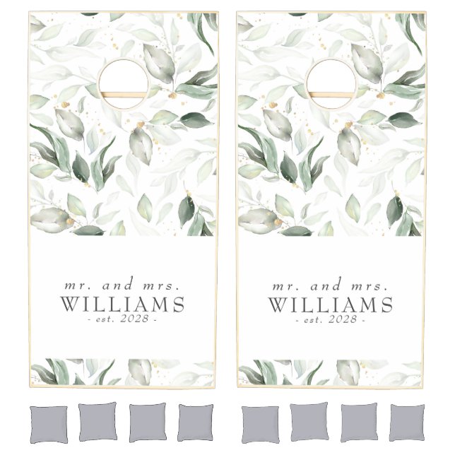 Botanical Sage and Gold Greenery Elegant Cornhole Set (Set)