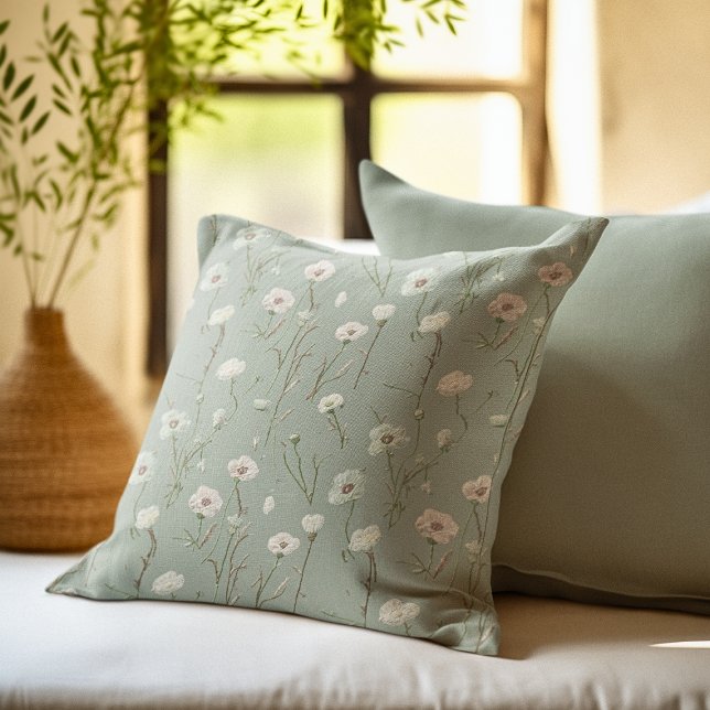Botanical Sage Boho Wildflowers Decorative Throw Pillow (Creator Uploaded)