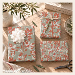 Botanical Sage Coral Poetic Floral Elegant Wrapping Paper Sheets