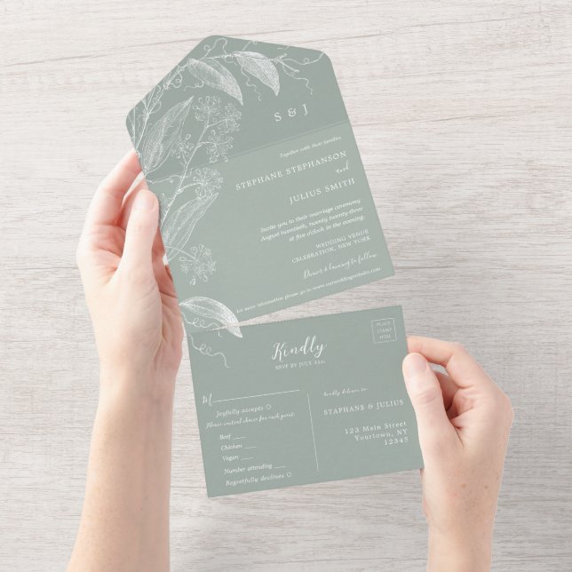 Botanical Sage Green All in One Wedding Invite (Tearaway)