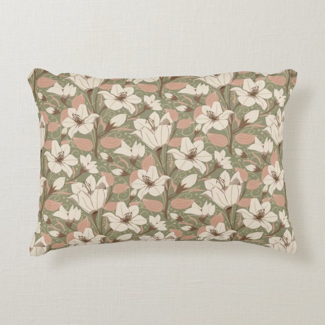 Botanical Sage Green Beige Lily Floral Pattern   Accent Pillow (Front)