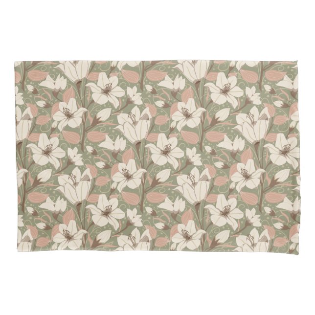 Botanical Sage Green Beige Lily Floral Pattern   Pillow Case (Front-Left)